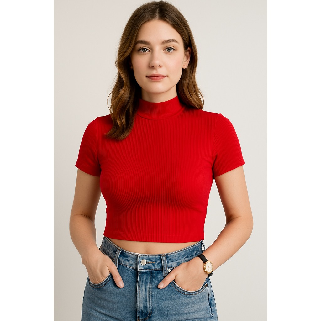Blusa cropped feminino canelado gola alta manga curta confortável