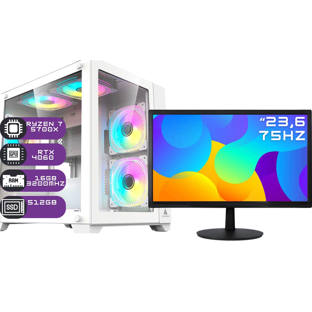 PC Gamer Agaron Completo - Monitor - Ryzen 7 5700X, NVídia GeForce RTX 4060, 16G
