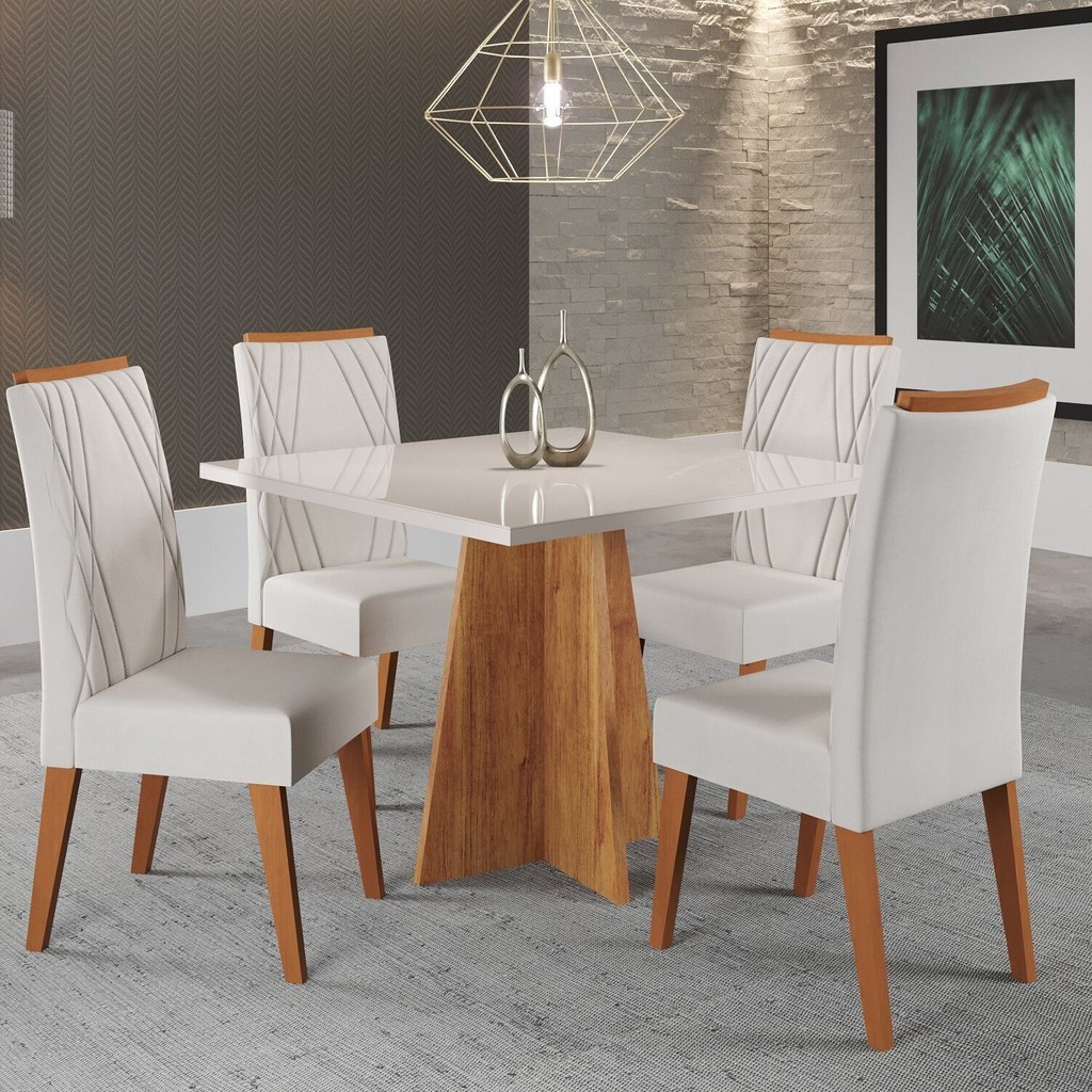 Mesa de Jantar Quadrada Columbia Tampo em MDP sem Vidro 90x90 e 4 Cadeiras Vegas em Madeira Maciça Yescasa