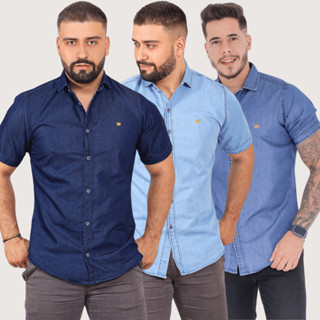 Camisa Jeans Masculina Manga Curta Social Botões Luxo Social Casual em Oferta na Shopee