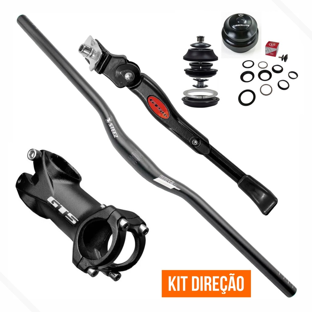 Kit Guidão Bicicleta MTB Alum. Curvo 31.8x700mm c/Suporte Mesa e Direção + Descanso Lateral 29 GTS