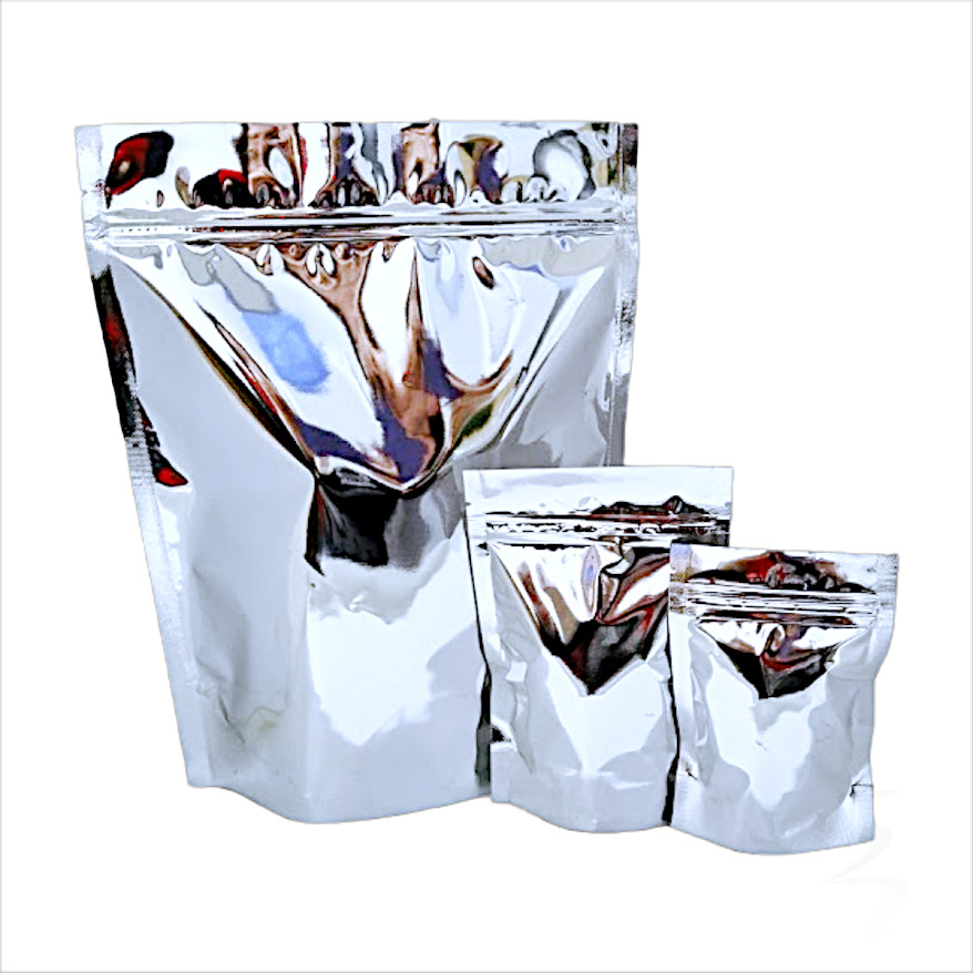 Kit 100 Sacos Laminados Metalizados Prata Stand Up Pouch 2900 ml (22x32 cm) com Fecho Zip - Ideal para Alimentos