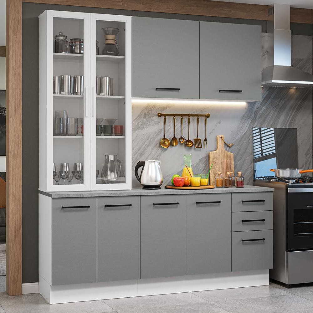 Armário de Cozinha Completa 190cm com Cristaleira Branco/Cinza Agata Madesa 01