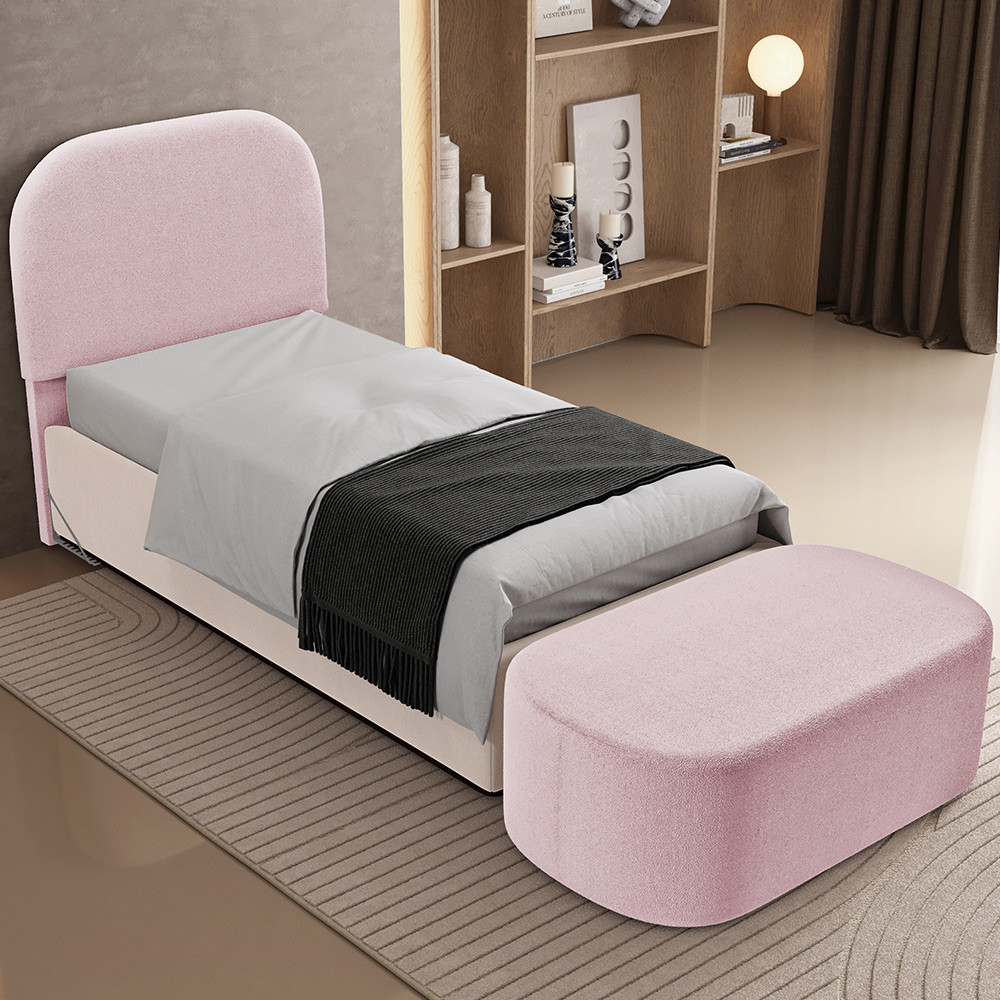 Cabeceira Cama Box Solteiro 100cm Lanna com Puff Recamier Doha W01 Bouclê Rosê - Lyam Decor