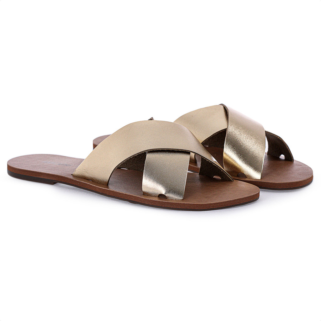 Rasteira Anacapri Couro Tiras Cruzadas Dourado - Feminino em Oferta na Shopee