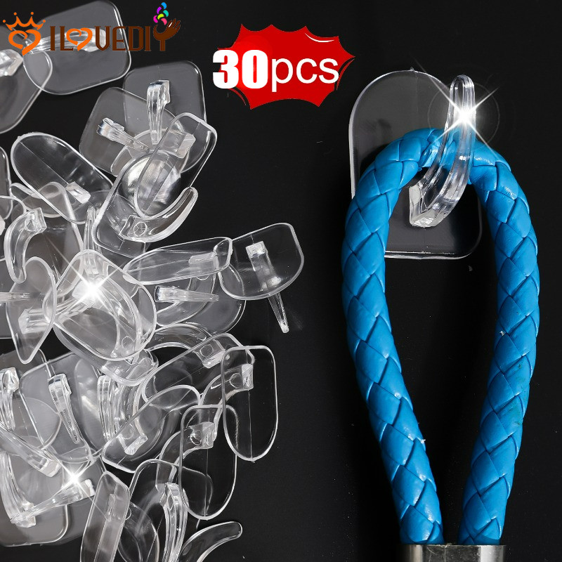 30-10PCS Mini Ganchos De Parede Transparentes-Rack De Armazenamento Resistente Reutilizável-Cabide Pegajoso Transparente
