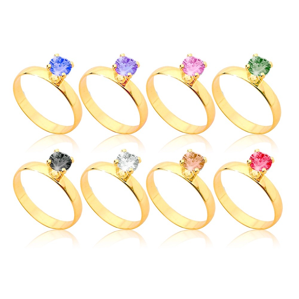 Anel solitário com Zirconia brilhante coloridas OURO folheadas