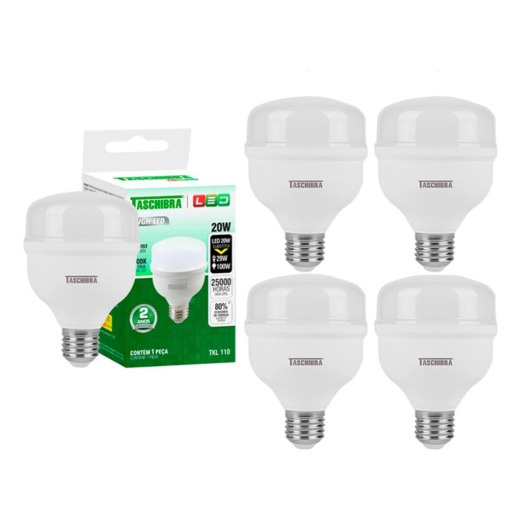 Kit 5 Lâmpadas Led 20w Bivolt Bulbo E27 Branco Neutro 4000k