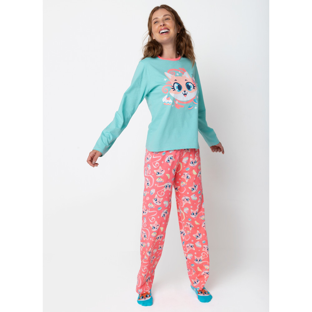 Pijama Manga Longa Algodão Feminino Raposa Confeiteira - Puket em Oferta na Shopee