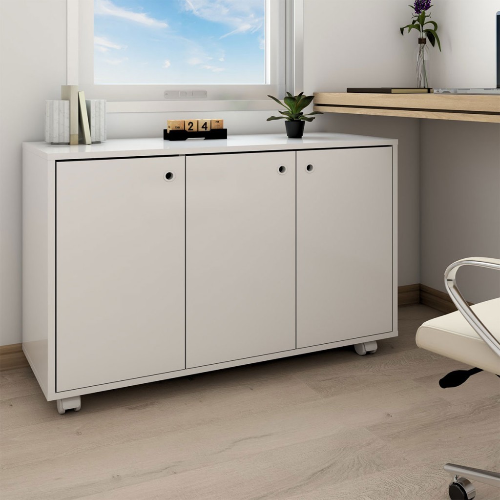 Armário para Escritório Coral 3 Portas 1 Prateleira Branco - Panorama Móveis - Home & Living