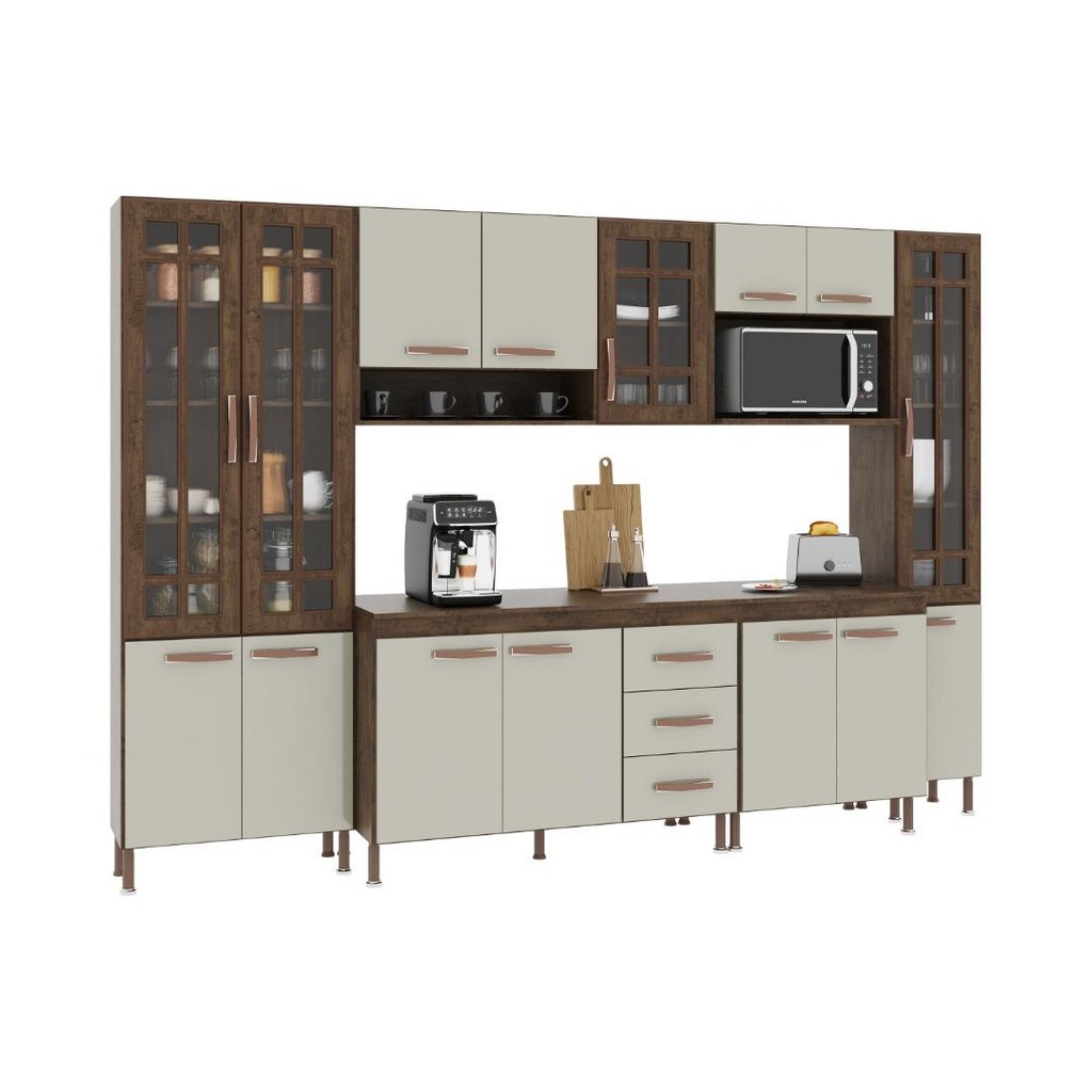Detalhes do Cozinha Modulada Completa Fidelitá Lisboa 6 Peças 295cm 15 Portas 3 Gavetas Com Tampo Noce/Off-White