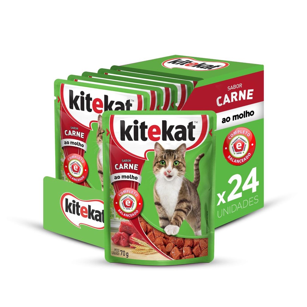 Kit 24un Ração Úmida Kitekat Sachê Carne Gato Adulto 70G