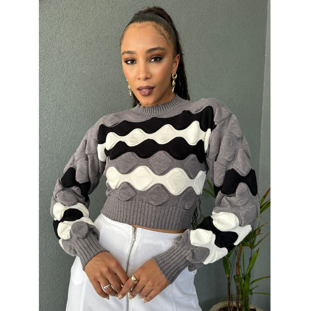 Blusa Tricot Feminina Inverno Alto Relevo Bolhas Gola Baixa Tipo Cacharrel