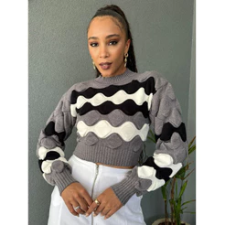 Blusa Tricot Feminina Inverno Alto Relevo Bolhas Gola Baixa Tipo Cacharrel
