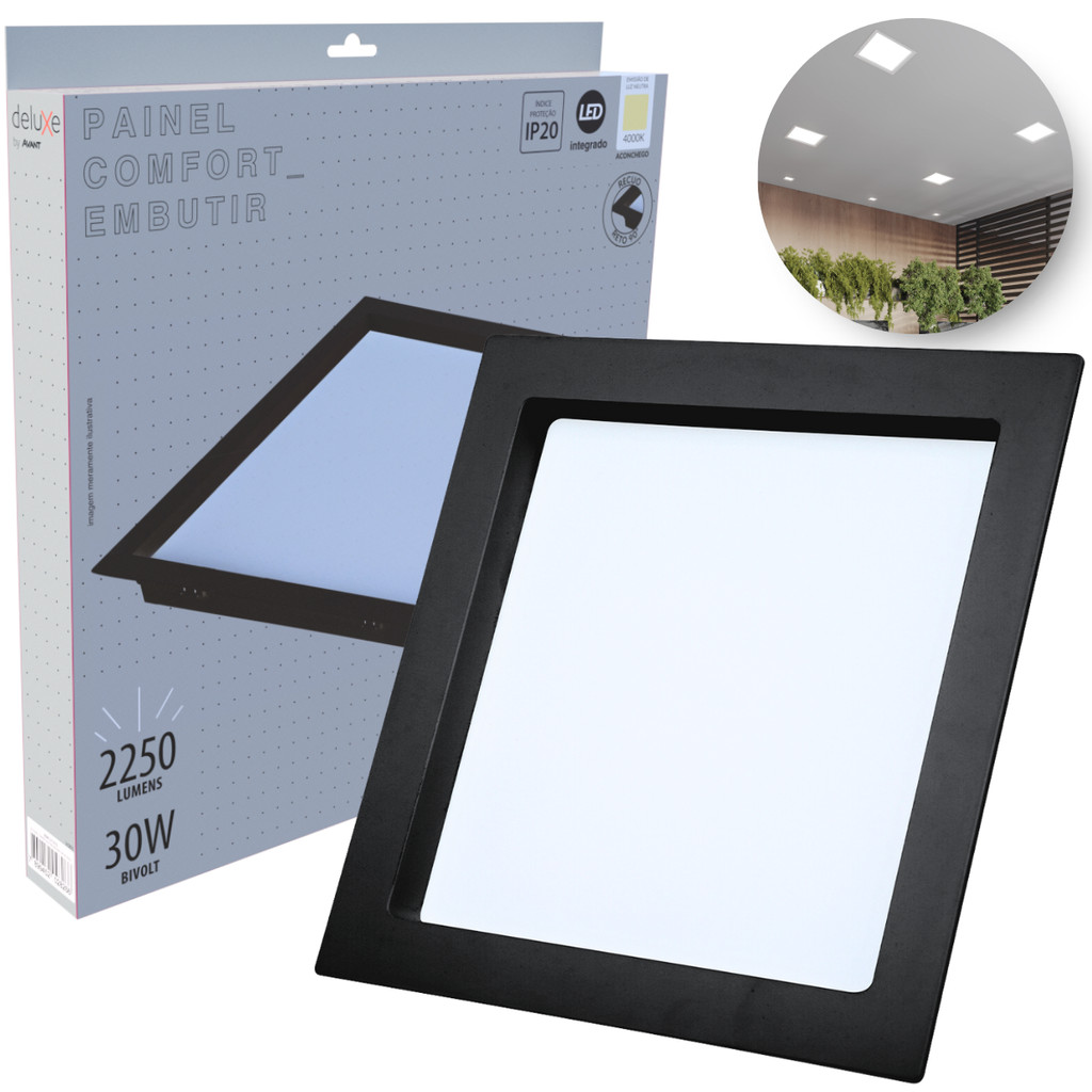 Painel Led Recuado 30w Quadrado 4000k Comfort Branco Neutro 34cm 110V/220V Bivolt Preto Fosco Cód: 908280874 - Deluxe em Oferta na Shopee
