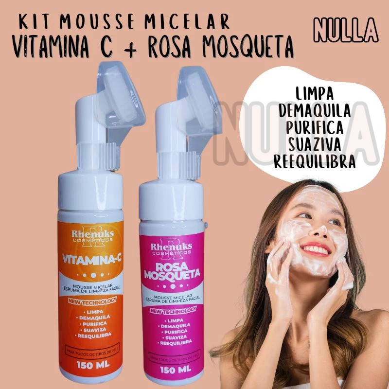 KIT Mousse Micelar VITAMINA C + ROSA MOSQUETA Espuma de Limpeza Facial Rhenuks 150 ml cada