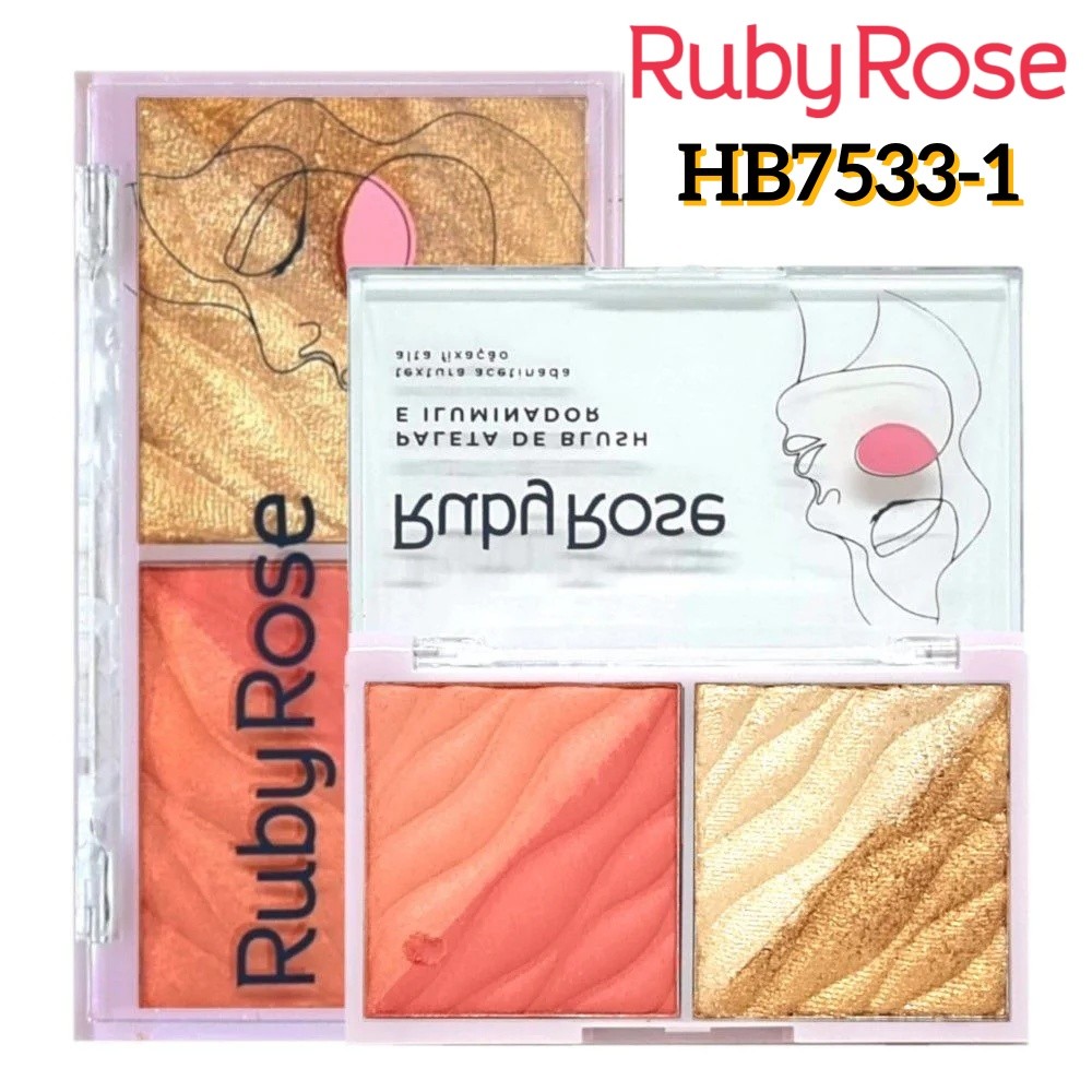 Kit C/1/2 Paleta De Blush E Iluminador Duo Ruby Rose Longa Duração 7533-1 ou 7533-2