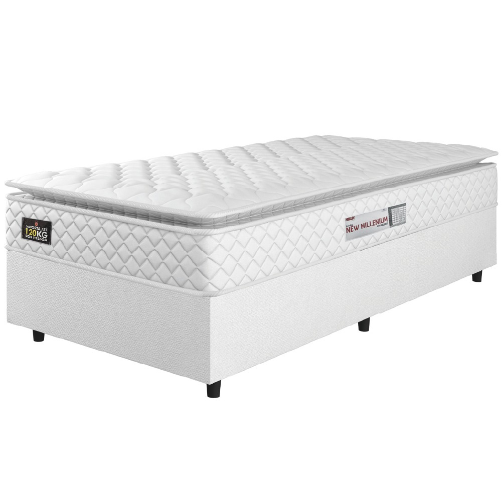 Cama Box Solteiro Colchão Espuma D33 Pillow Top New Millenium 88x188x57cm Branco Hellen – Suporta Até 120 Kg Por Pessoa - Home & Living
