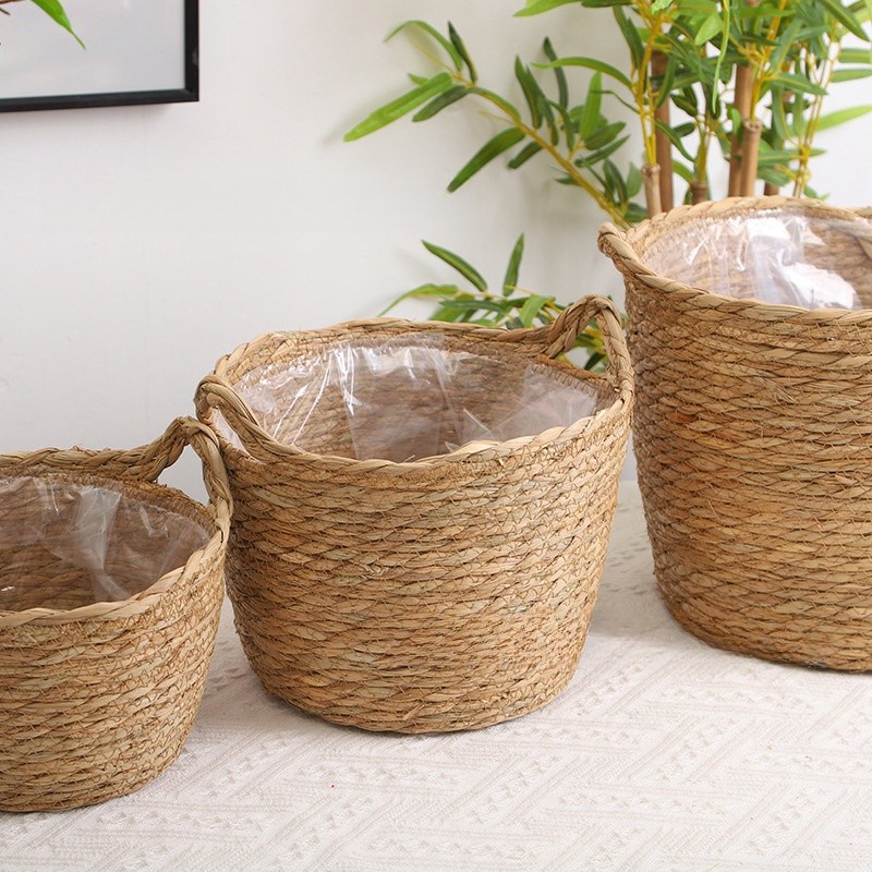 Cesta De Armazenamento De Palha Rattan Piso Vaso De Flores Artesanato Decoração Moderna Casa Sala Estar Quarto Loja Cest