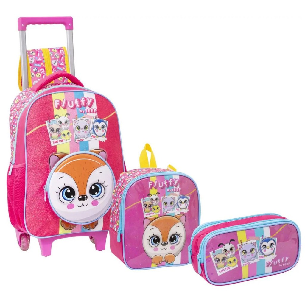 Kit Mochila De Rodinha Lancheira Estojo Fluffy Bolofofo Yepp