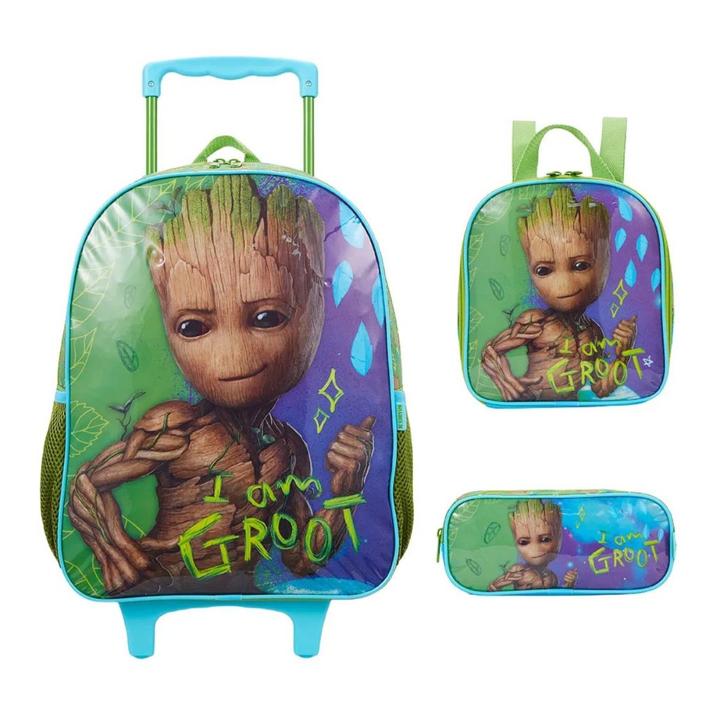Kit Mochila Rodinha Lancheira Térmica Estojo Infaitil Escolar Guardiões Galáxia Groot Xeryus Verde