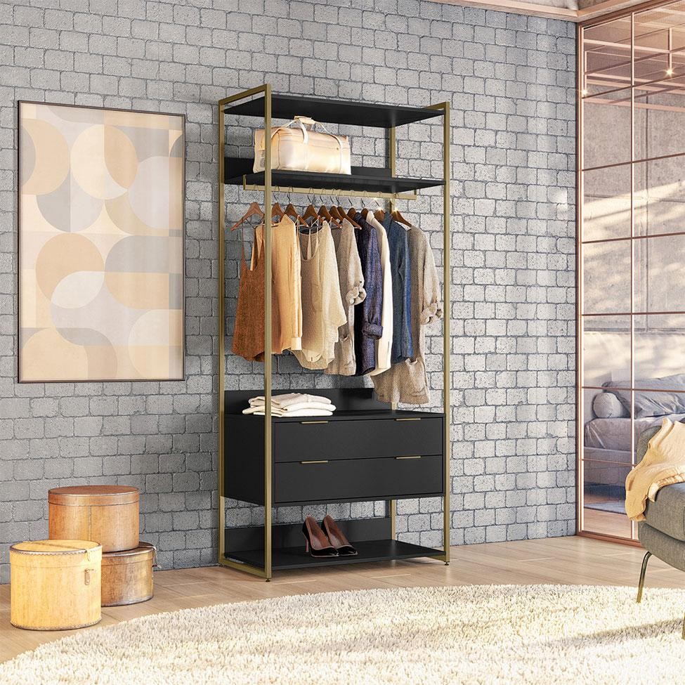 Guarda-Roupa Closet Industrial Mital com Cabideiro 2 GV Preto e Dourado - Home & Living