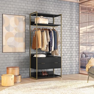 Guarda-Roupa Closet Industrial Mital com Cabideiro 2 GV Preto e Dourado em Oferta na Shopee