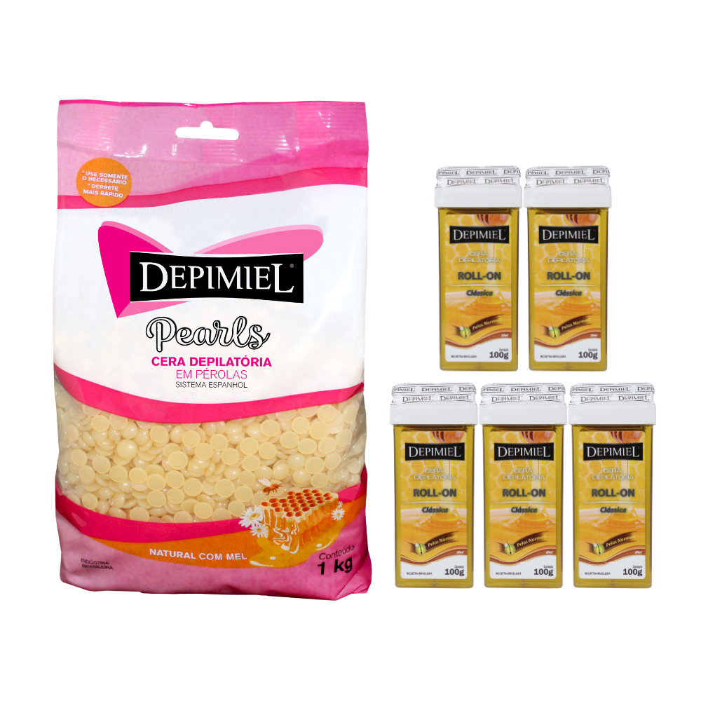 Kit 1 Cera Natural Pérola E 5 Roll-on Mel Depilação Depimiel