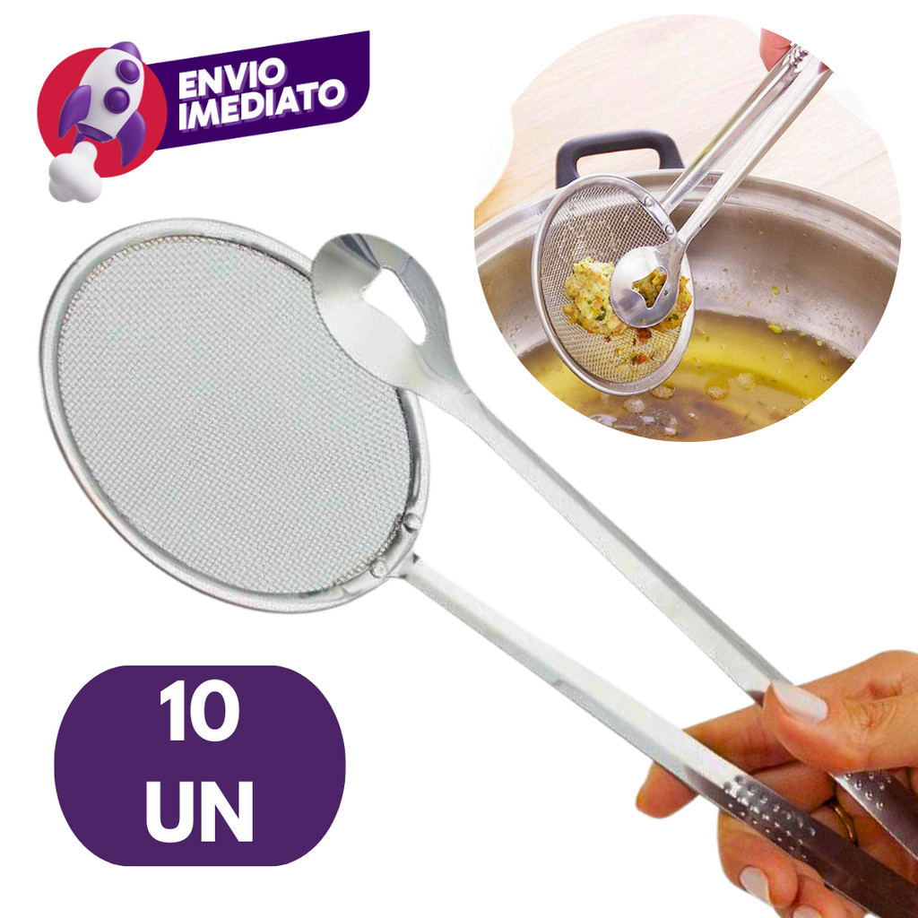 Kit Escumadeira Fritura 2 Em 1 Pegador Pinça E Peneira Inox Pastel Batata Peixe Frango Salgado