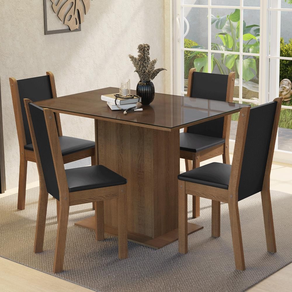 Conjunto Sala de Jantar Mesa Tampo de Vidro 4 Cadeiras Rustic/Preto Martina Madesa
