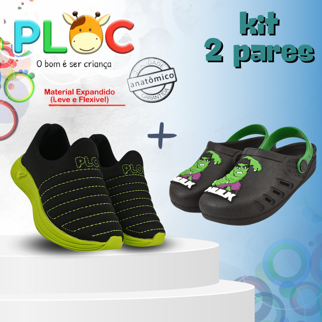 KIT 2 PARES PLOC - 1 TÊNIS COLORS MENINO + 1 SANDÁLIA (Bab59 hulk PRETO)