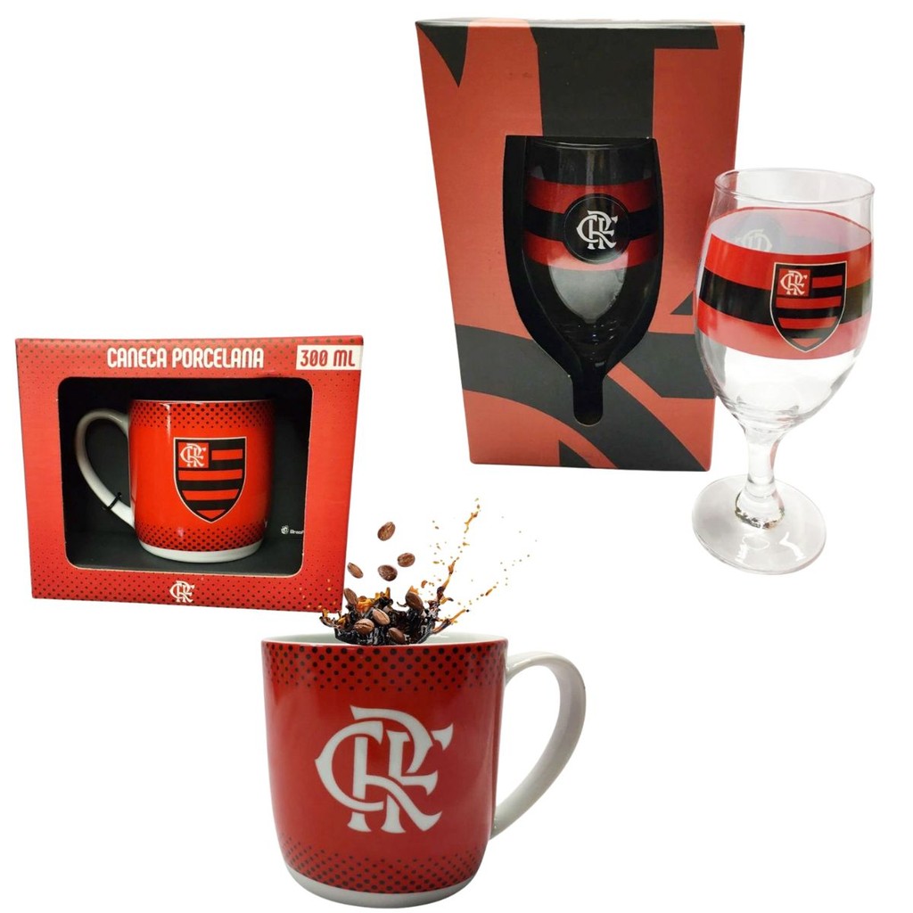 Kit Caneca Café Porcelana 300ml + Taça Windsor 330ml Cerveja Vinho Série Ouro Flamengo