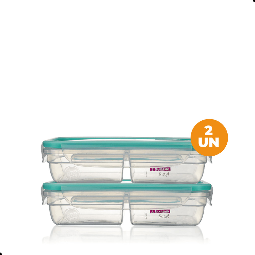 Kit 2 Potes Plásticos com Travas Hermético Divisória 730ml Verde Sanremo