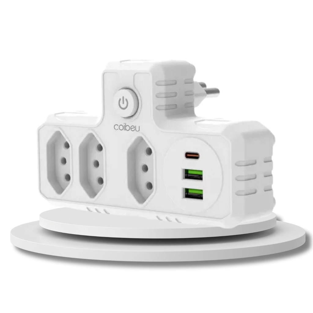 Adaptador de Tomada 3 Tomadas 2 Interface USB 1 Porta USB Type-C Branco 2500W 10A
