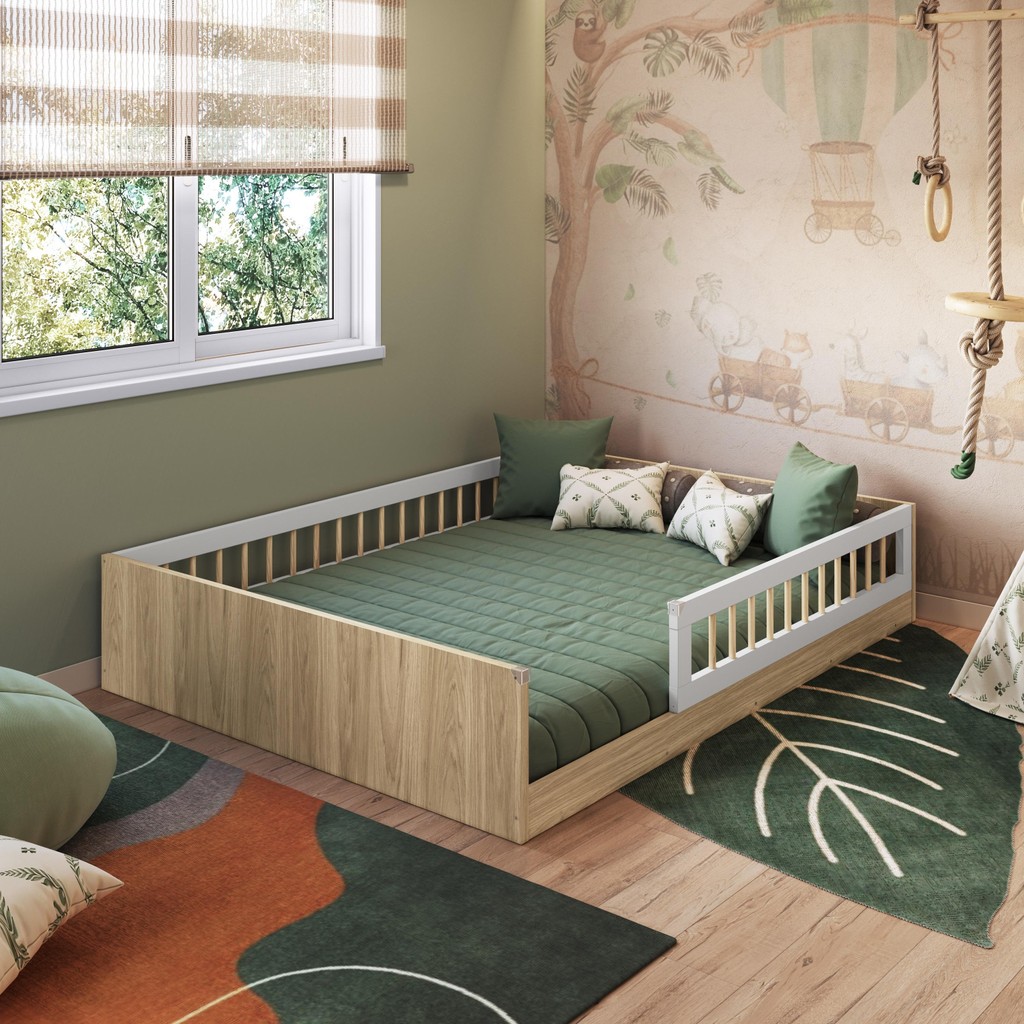 Cama Casal de Chão Infantil Montessoriana Menino Menina 195cm com Grade de Proteção