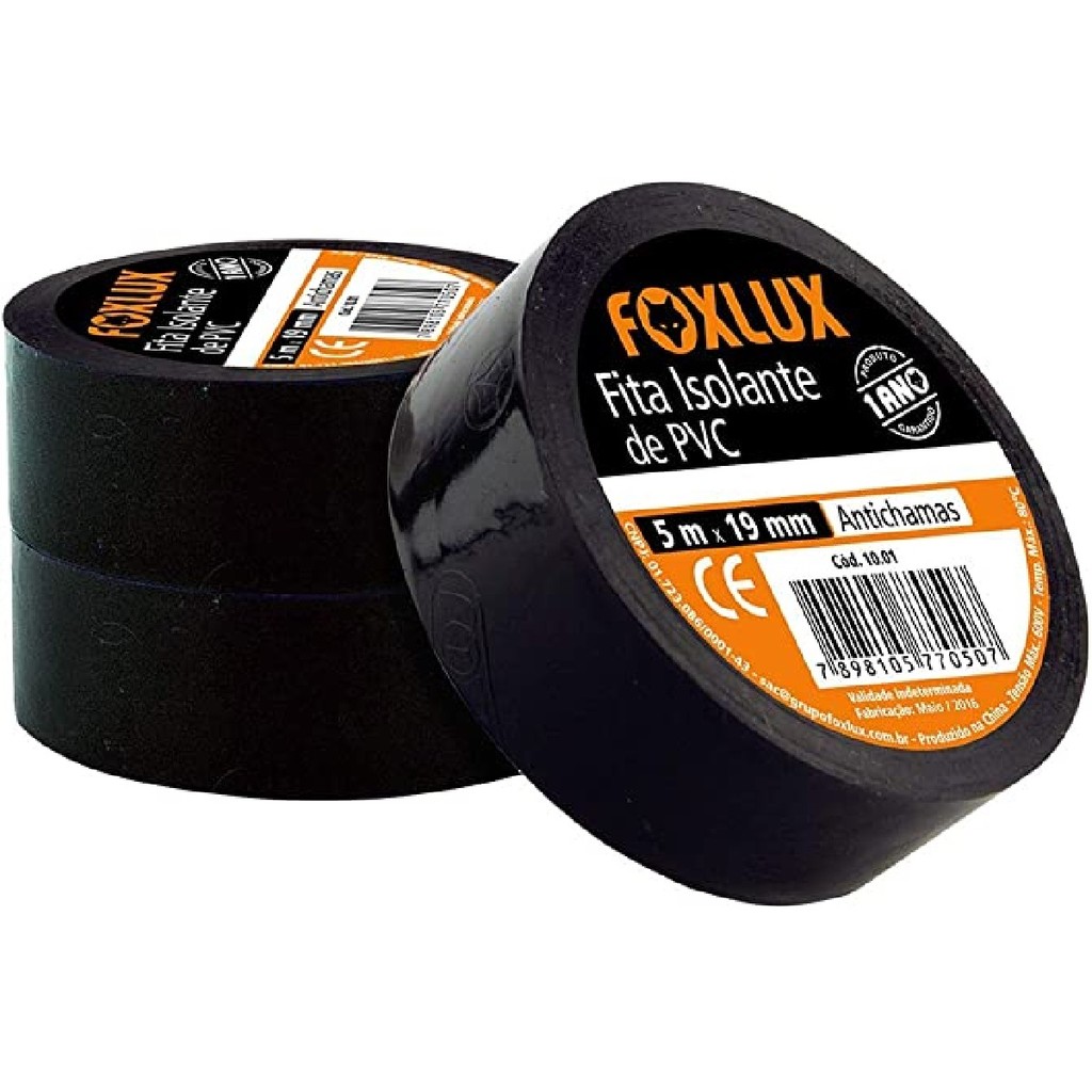Fita Isolante Elétrica PVC Antichamas Foxlux 5m x 19mm 600V Kit 10 unidades em Oferta na Shopee