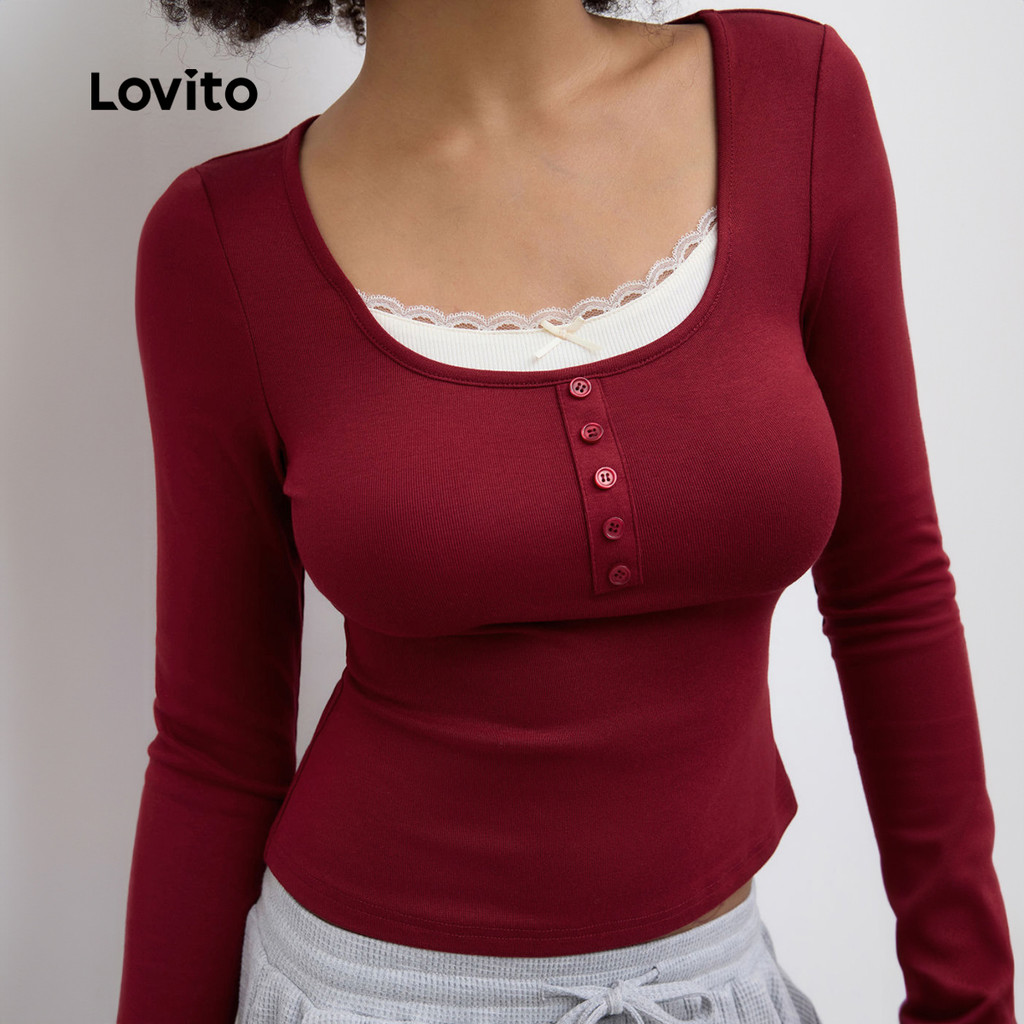 (Trendy) Lovito Camiseta Casual de renda lisa para mulheres LBL23018 - Women Clothes