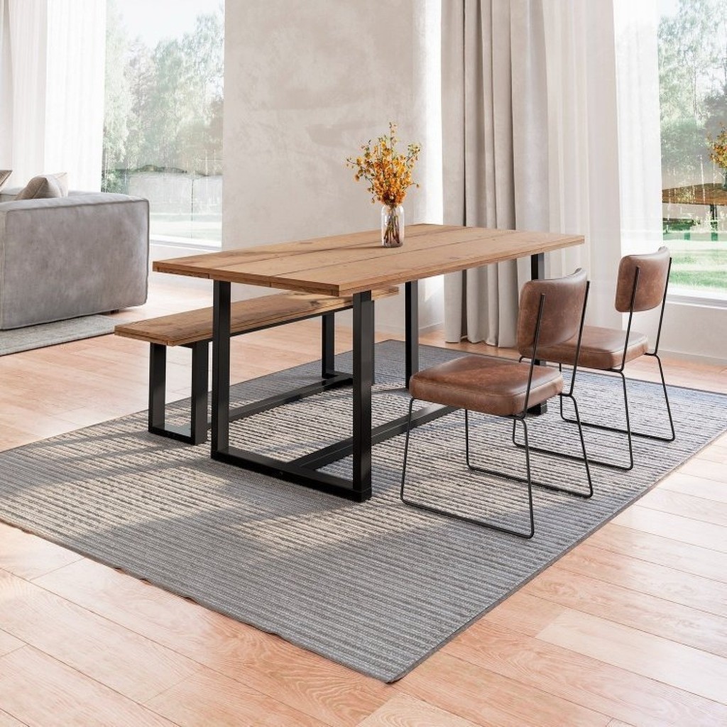 Conjunto Mesa de Jantar Rústica e Banco de Madeira Maciça com Cadeiras Aço Roma