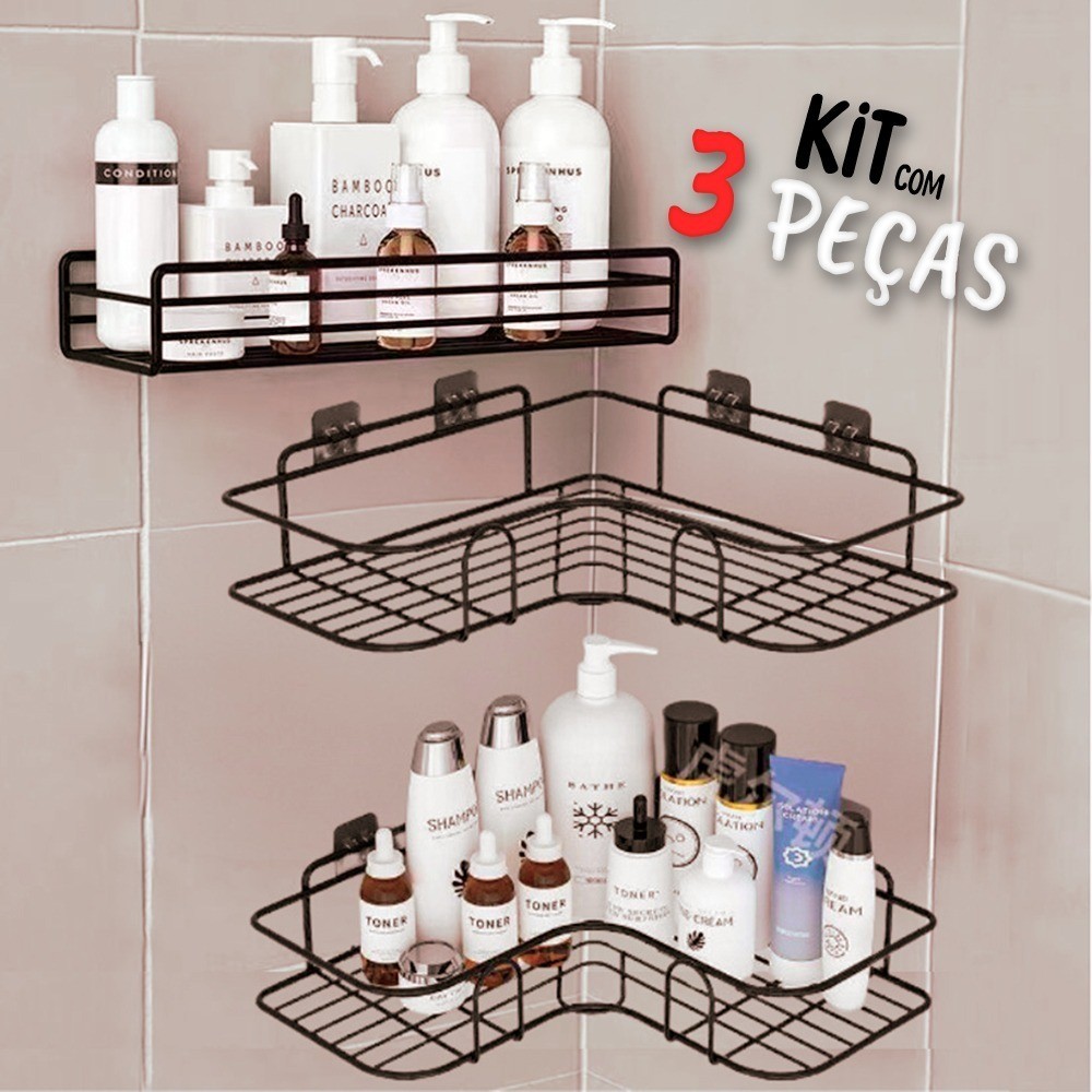 Kit 1/2/3 Suporte Organizador Para Banheiro Prateleira Reta / Duas Prateleiras De Canto