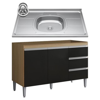 Balcão de Cozinha Com Pia Inox 100cm 3 Gavetas Andréia Amêndoa/Preto - AJL Móveis em Oferta na Shopee