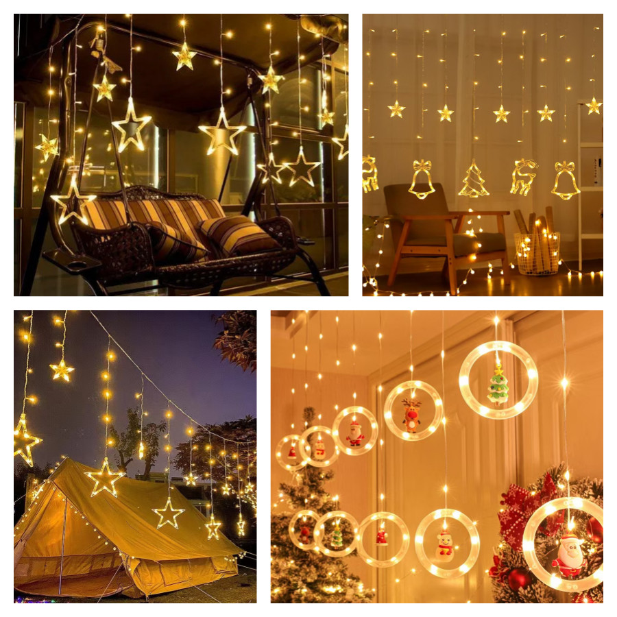 Decoração Luz Natal Cascata Led Com Pisca Pisca Cortina Estrela Lua Papai Noel Neve