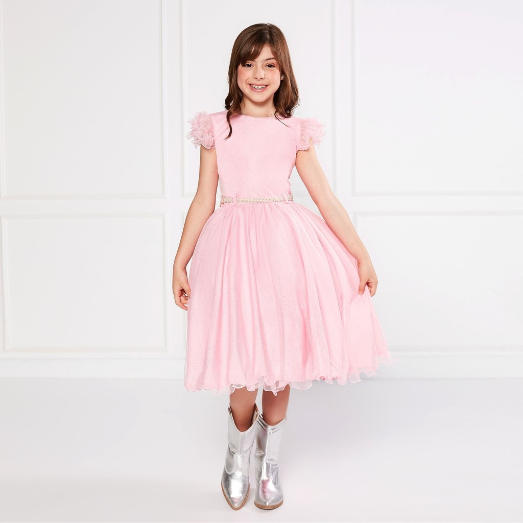Vestido Glitter Rosa Manga Godê De Festa Infantil Rodado
