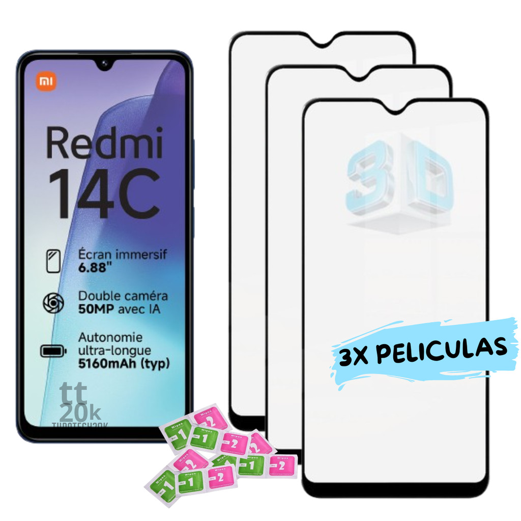Kit 3 Peliculas Xiaomi Redmi 14c Vidro Temperado 3d Frontal Full Glass Alta Qualidade+ Kit Aplicação