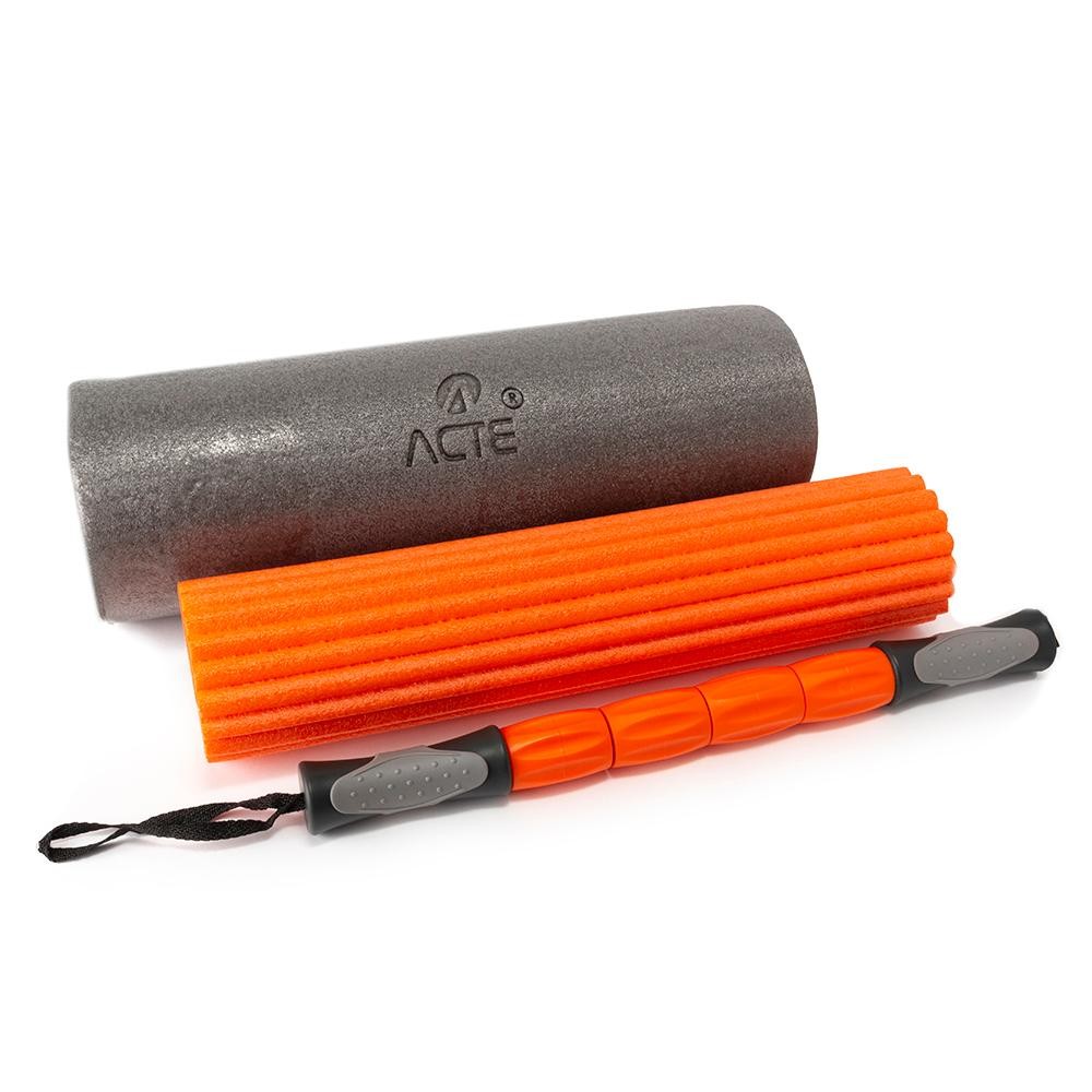 Rolo de Massagem 3 em 1 PVC EVA T115 Laranja e Cinza Acte em Oferta na Shopee