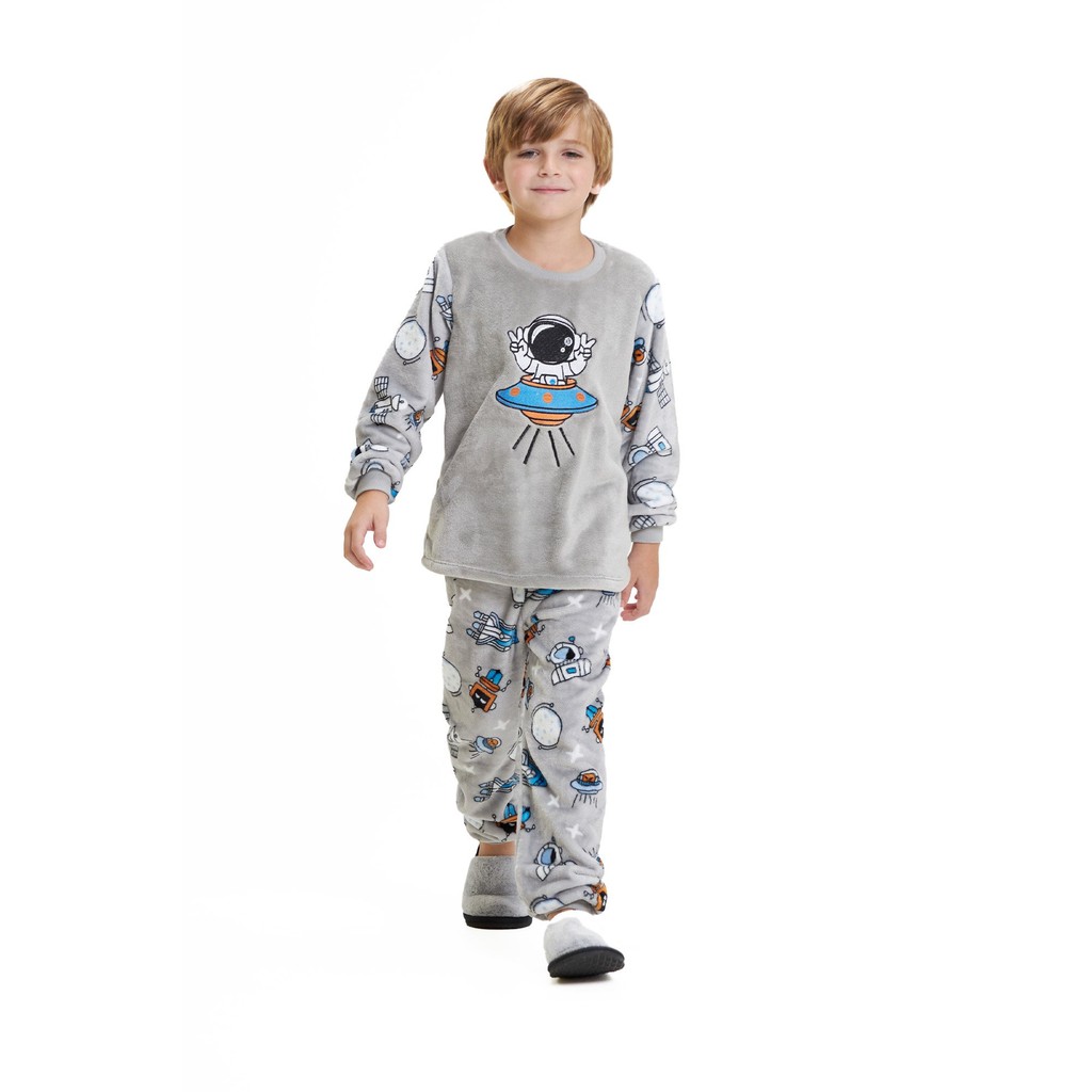 Pijama Inverno Longo Dias Frios Infantil Fleece Plush Menino Básico Ted Com Punho Astronauta Cinza em Oferta na Shopee