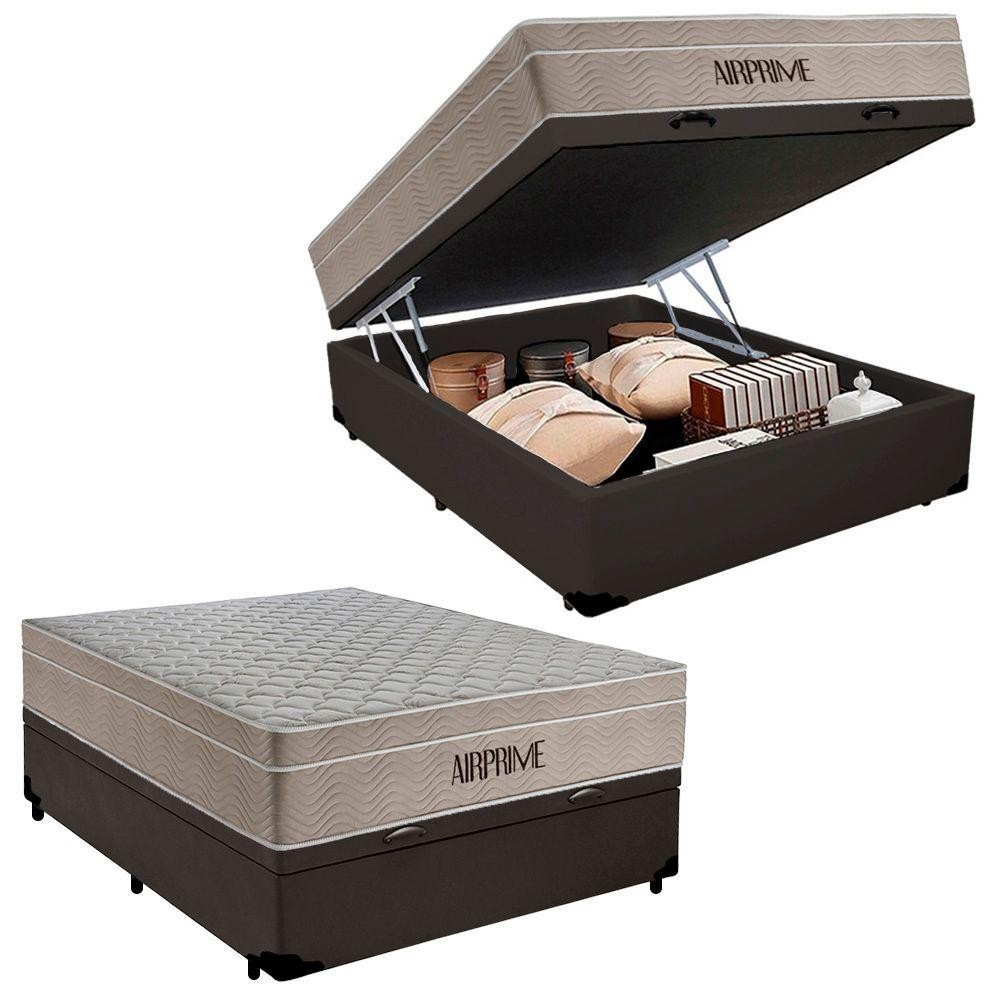 Cama Box Baú Casal Sintético Cremil + Colchão Molas Ensacadas Airprime 138x188x65cm Cor:marrom