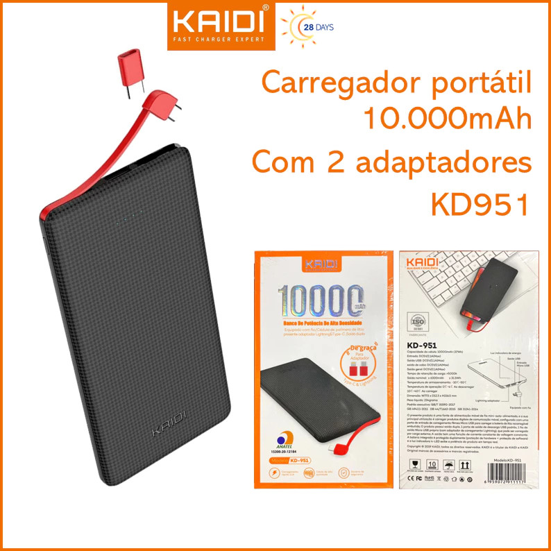 Carregador Portátil Power Bank 10000mah com 3 Saídas v8 iphone e type-c KD-951