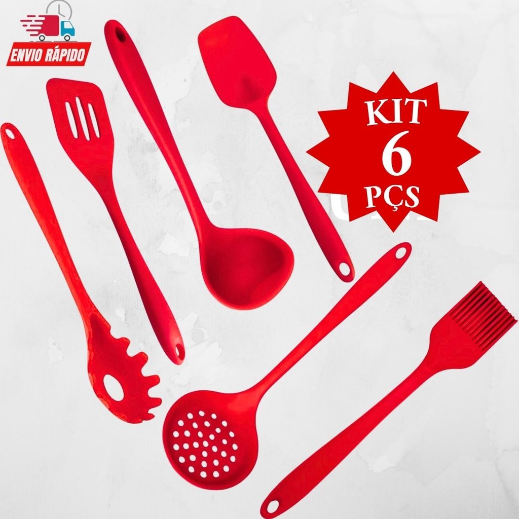Kit 6 Peças Cozinha Silicone Pegador d Massas Espátula Vazada Espátula Lisa Concha Escumadeira e Pincel