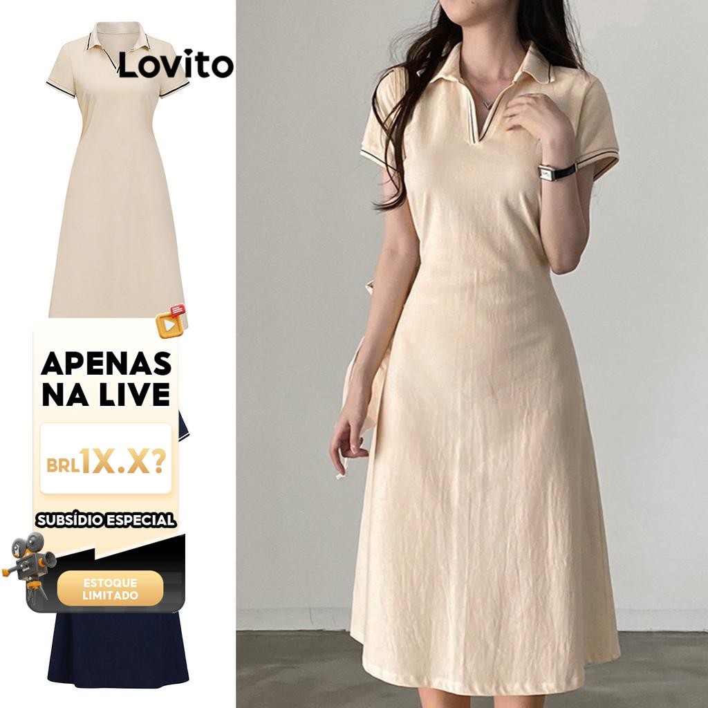 (LIVE STREAM SALE) Lovito Casual Vestido Feminino Liso de Amarrar com Costura Contrastante L80ED294
