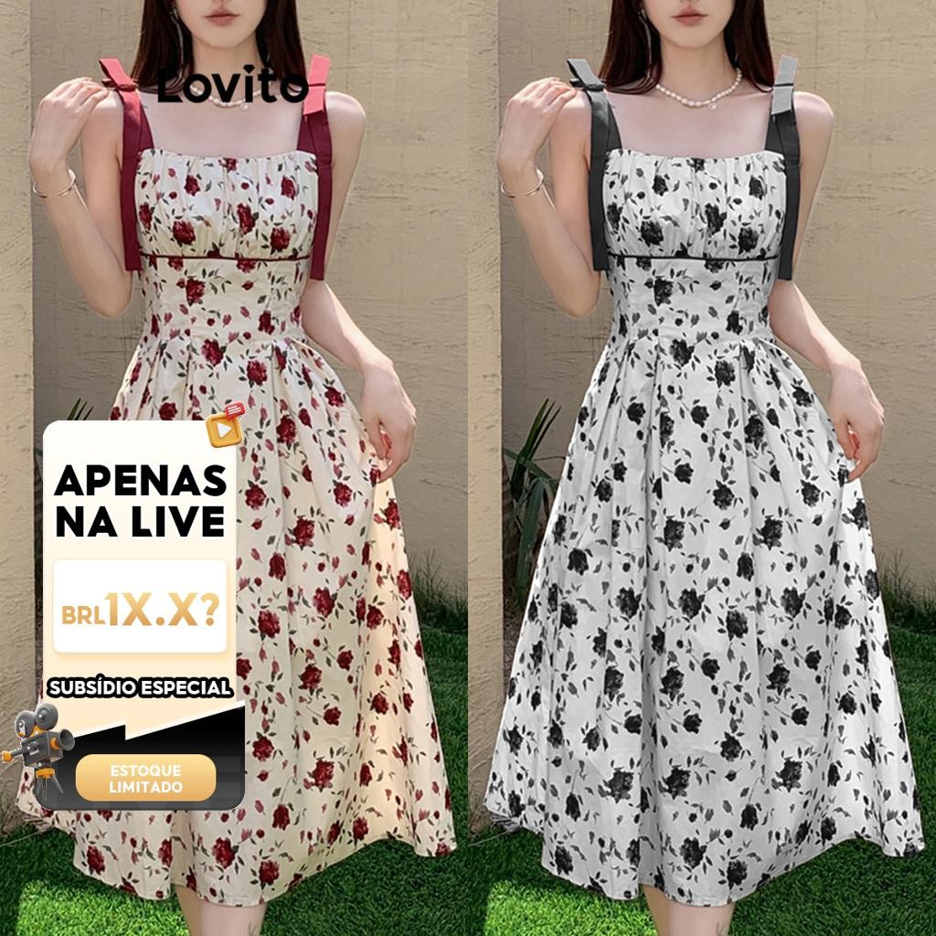 (LIVE STREAM SALE) Lovito Casual Vestido Feminino Estampa Ditsy Floral Colorblock com Amarra LNE50239